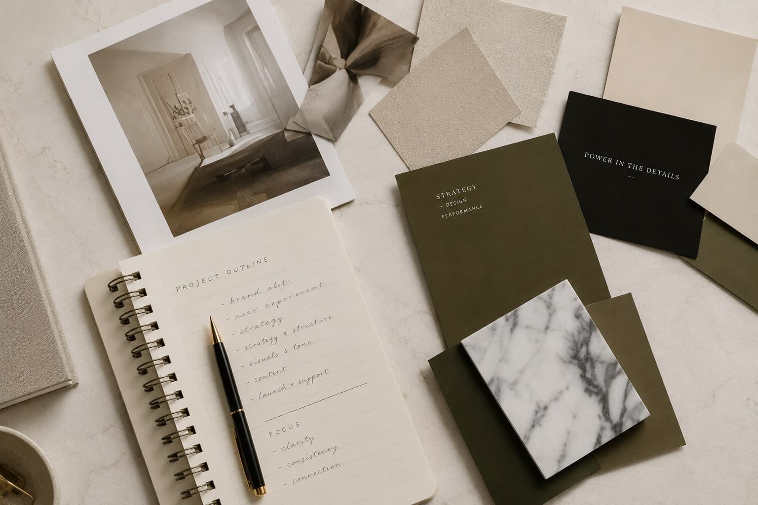 Project moodboard — outline notebook, olive and stone material swatches